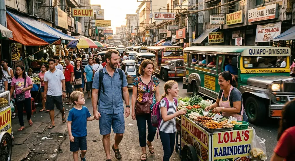 Family with kids exploring busy Manila streets with jeepneys and local vendors