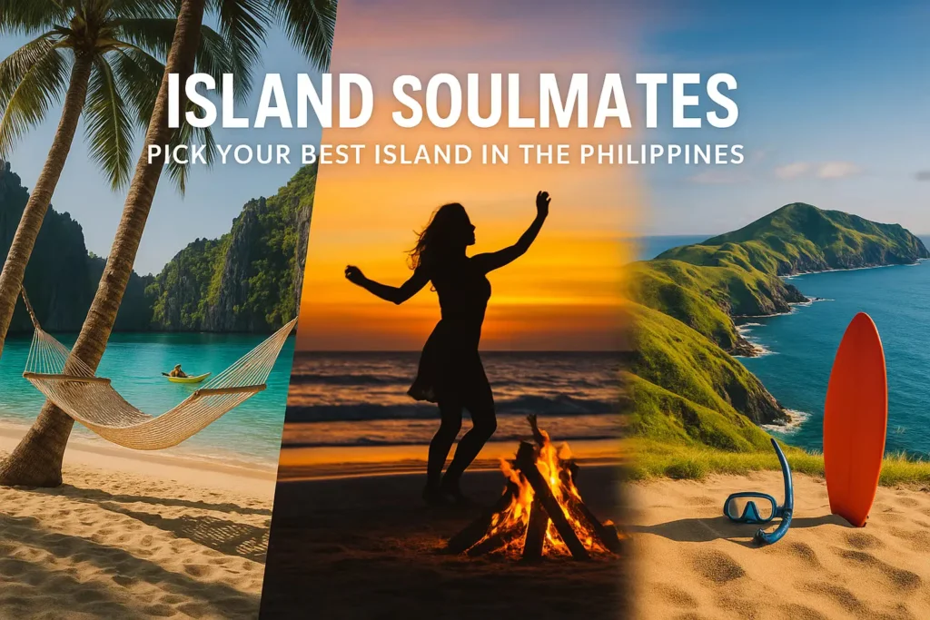 Tropical island collage showing beach, lagoon, surf, and sunsets. Discover the best Philippine island for your travel style