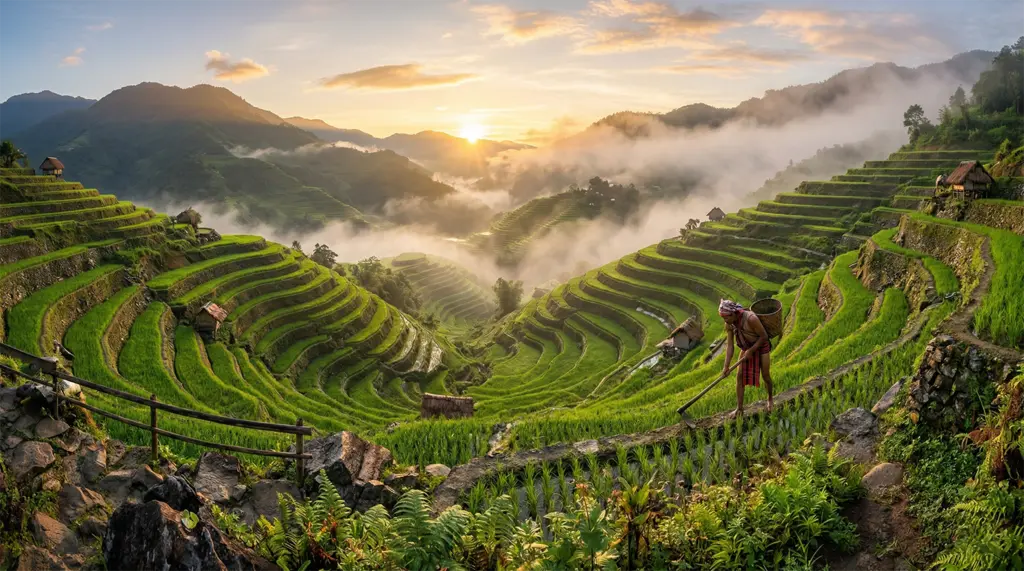 Banaue Rice Terraces panoramic view from main viewpoint, Ifugao Province, Philippines