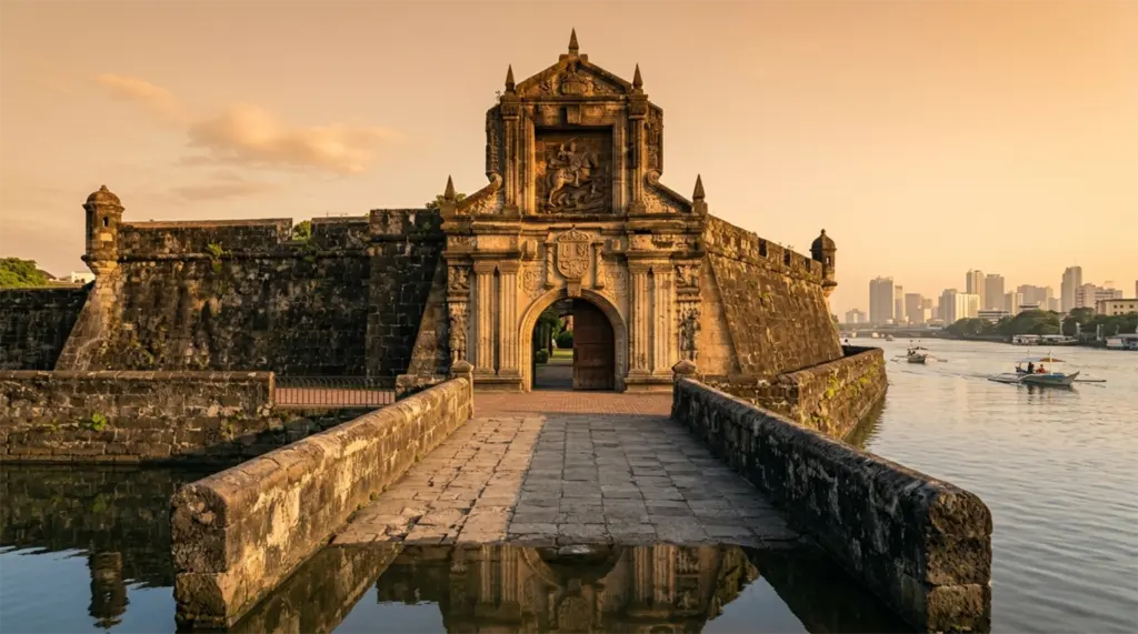 Fort Santiago main gate stone arch and bridge over moat Intramuros Manila Philippines