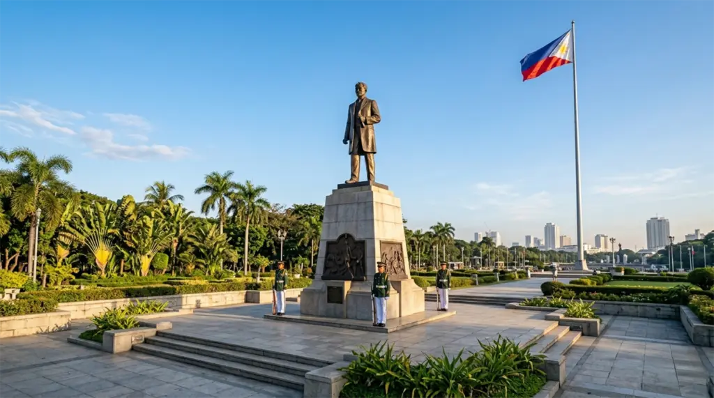 Rizal Monument bronze statue Rizal Park Manila Philippines with honor guard at base