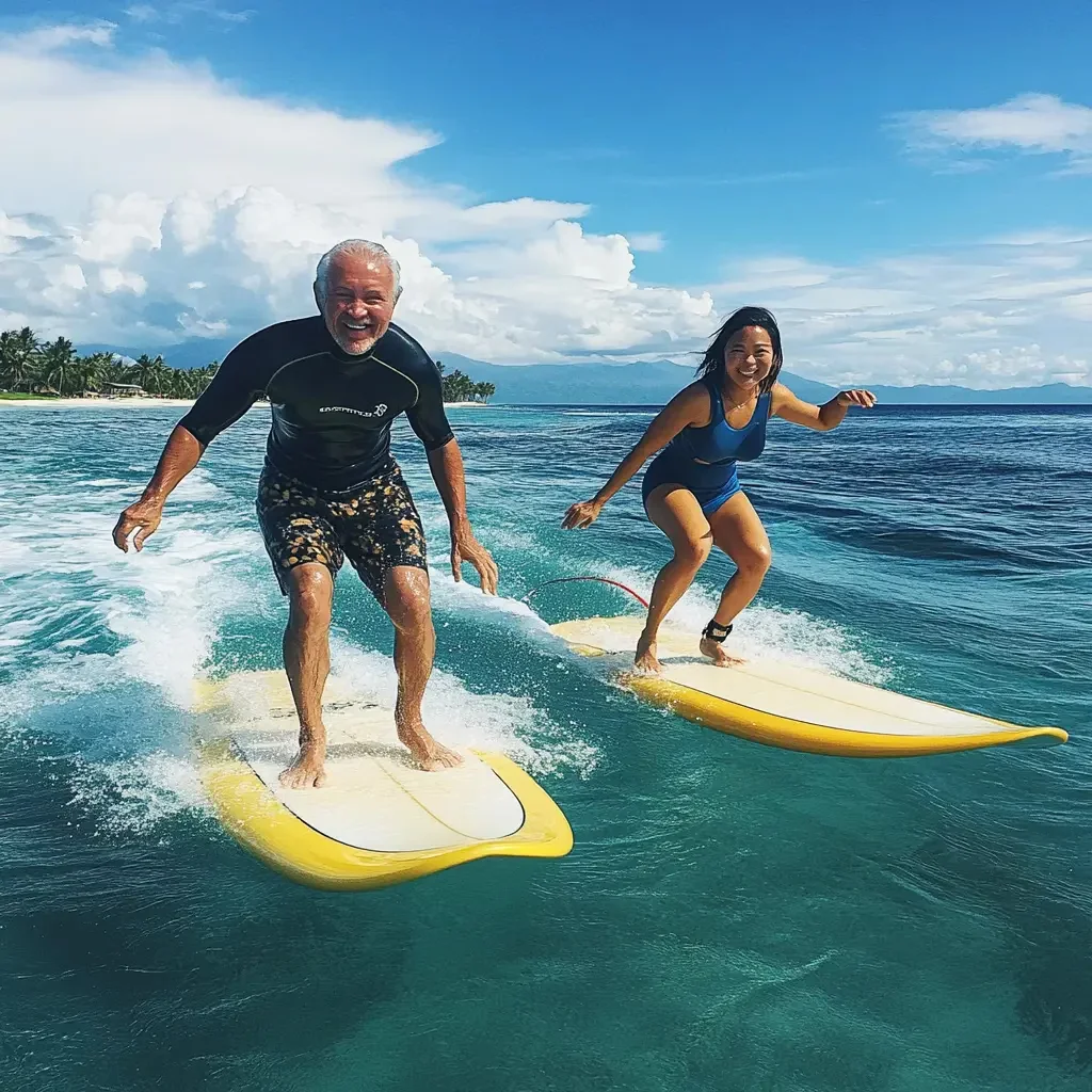 A senior couple surfing off the coast of Surigao Island in the Philippines.