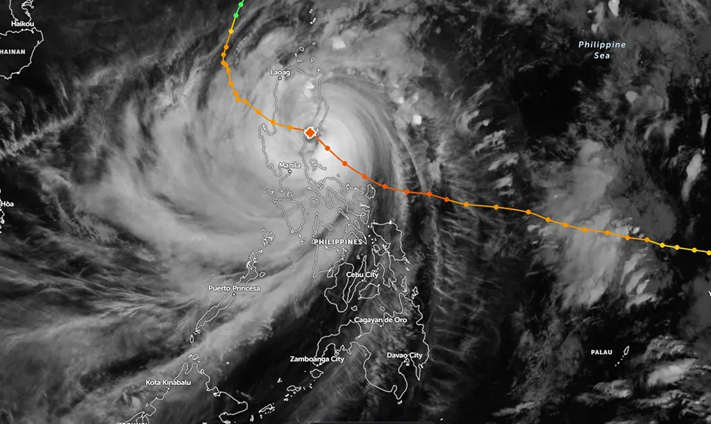 Satellite view of the Philippines and the storm track of Super Typhoon Fung-Wong in 2025.