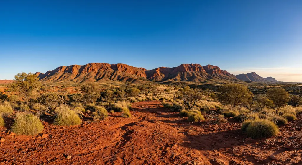 Red Centre landscape red earth MacDonnell Ranges blue sky Alice Springs Northern Territory Australia