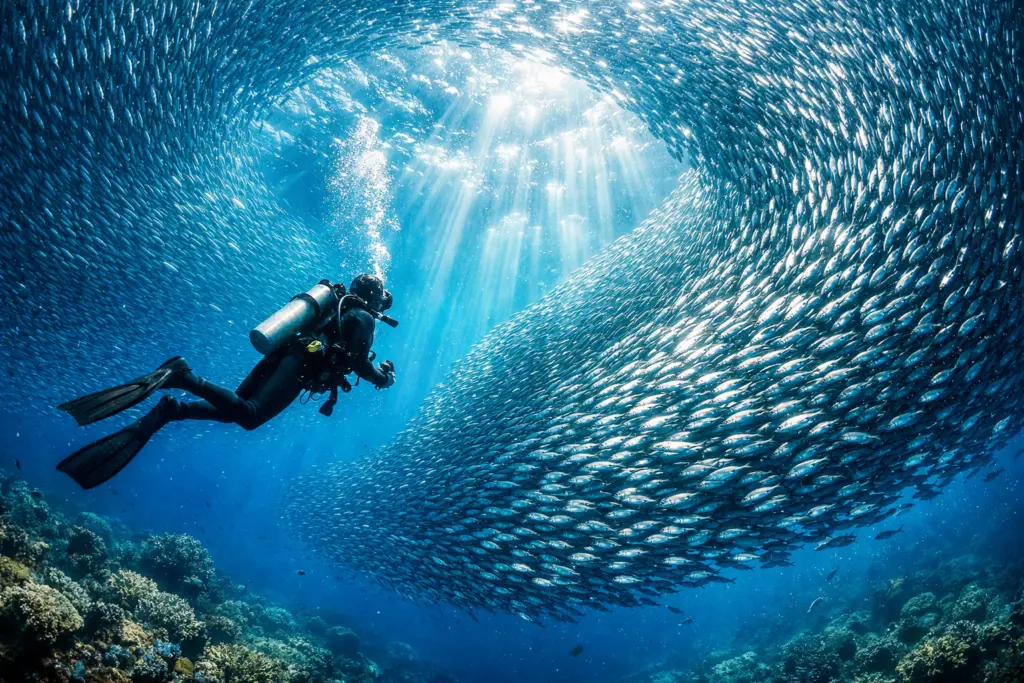 Massive sardine bait ball underwater at Moalboal, Cebu Island, Philippines, with diver for scale