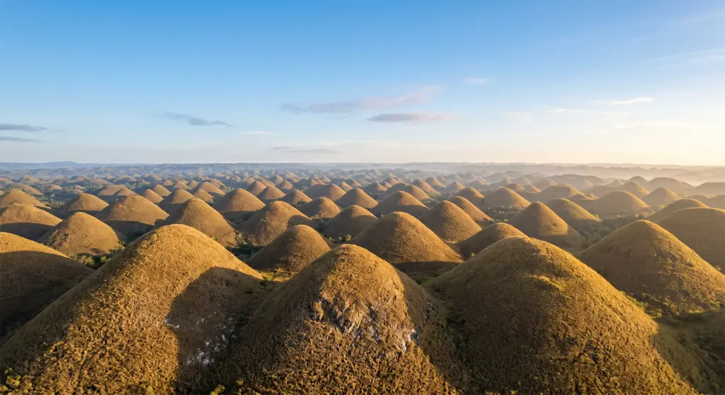 Chocolate Hills over 1200 conical formations brown dry season aerial view Carmen Bohol Philippines