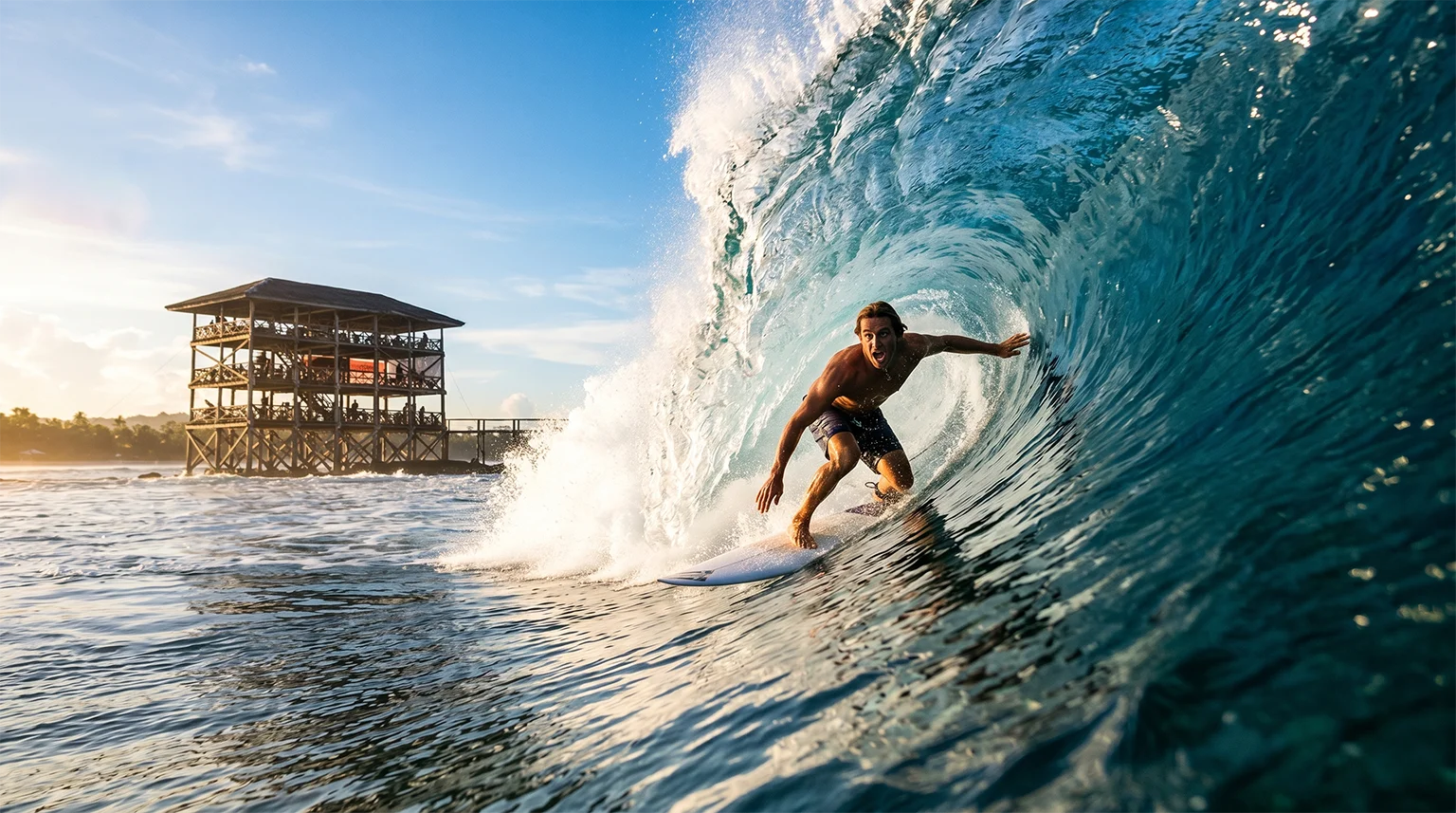 Cloud 9 hollow right-hand reef break wave surfer competition tower, Siargao Island, Philippines