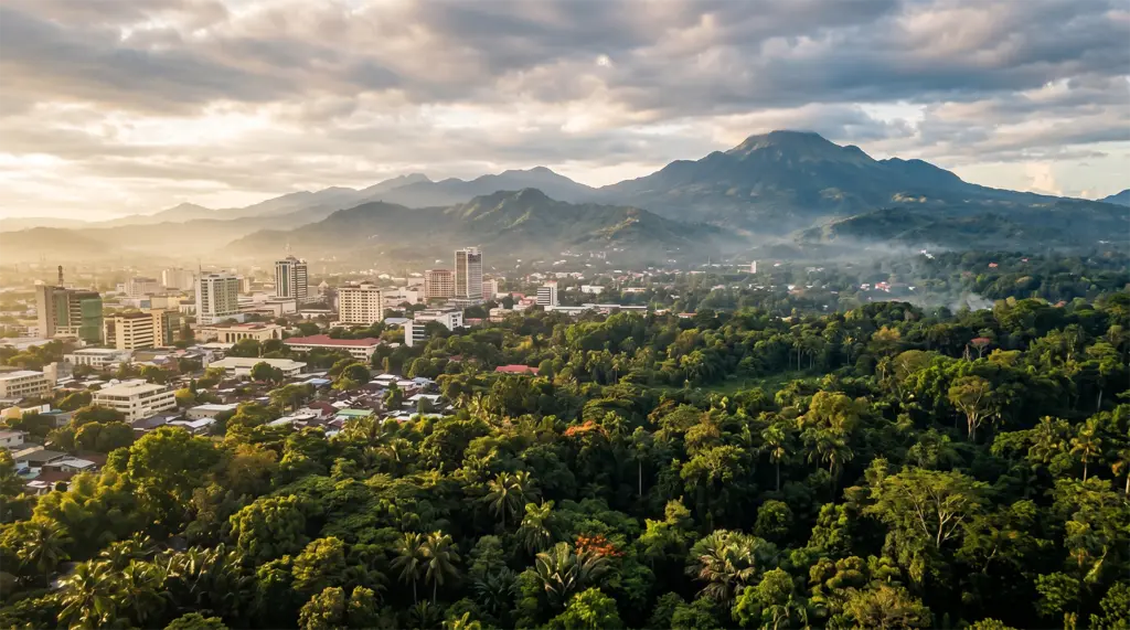 Aerial view of Davao City with the Mindanao forest in the background