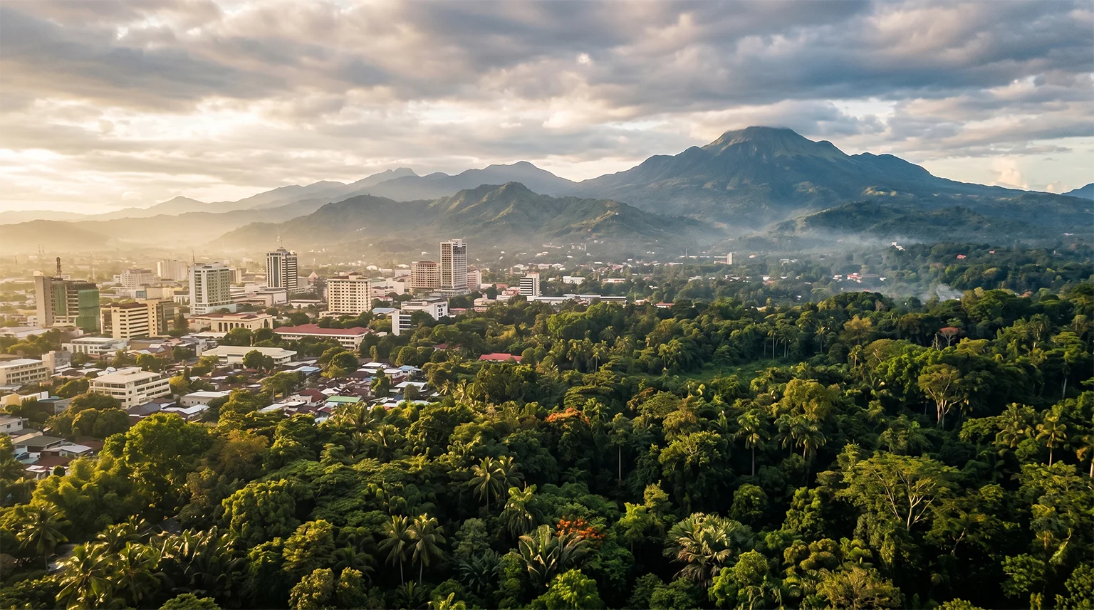 Aerial view of Davao City with the Mindanao forest in the background