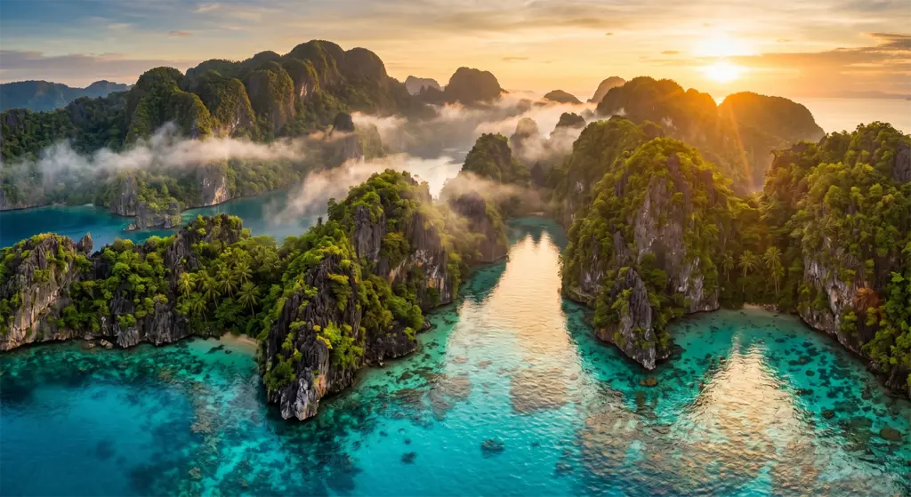 Aerial view limestone karst islands turquoise lagoon El Nido Palawan Philippines