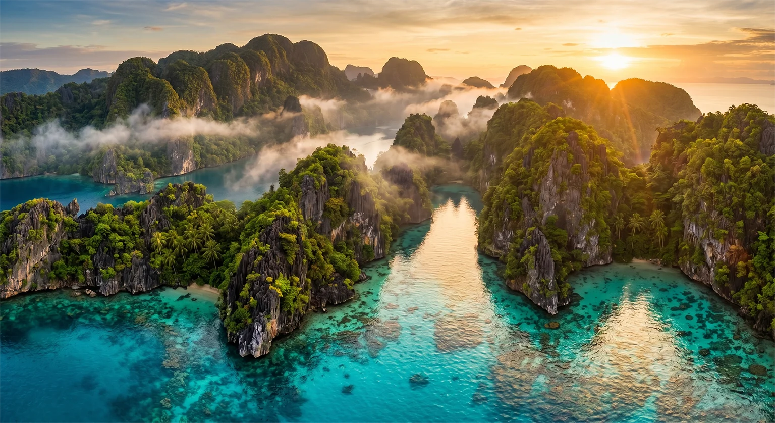 Aerial view limestone karst islands turquoise lagoon El Nido Palawan Philippines