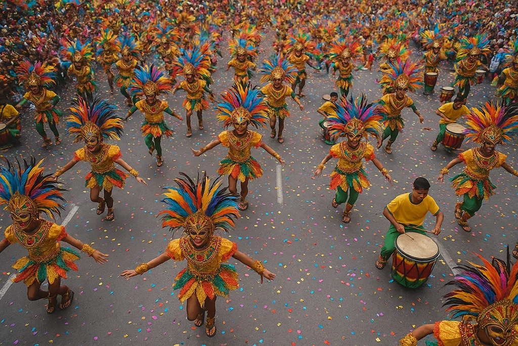 Dancers in colorful costumes performing at a Philippine festival street parade