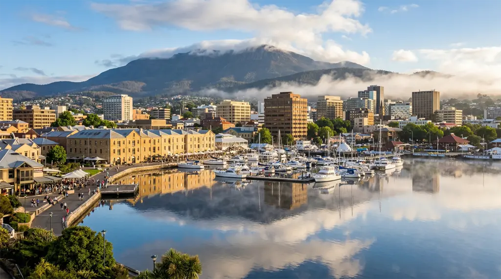 Hobart, Tasmania, waterfront and city with Mount Wellington rising behind it