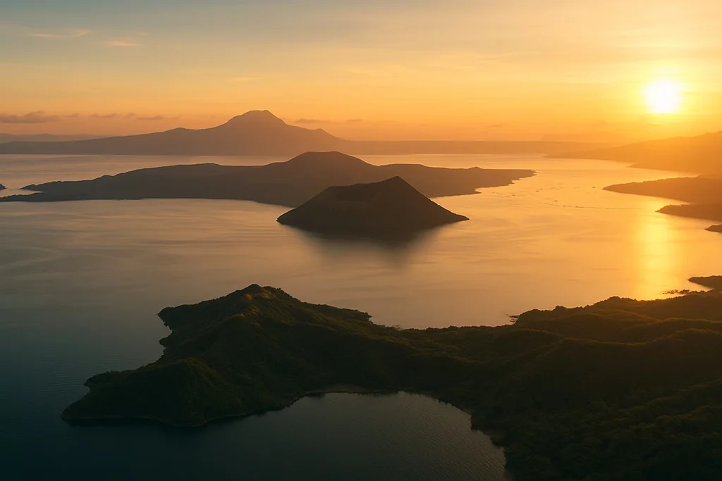 Aerial view of Lake Taal and Volcano Island at sunrise, Luzon, Philippines