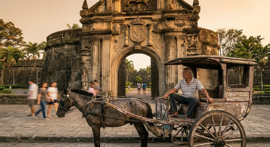 Stone gate entrance to Intramuros walled city Manila Philippines with kalesa in foreground