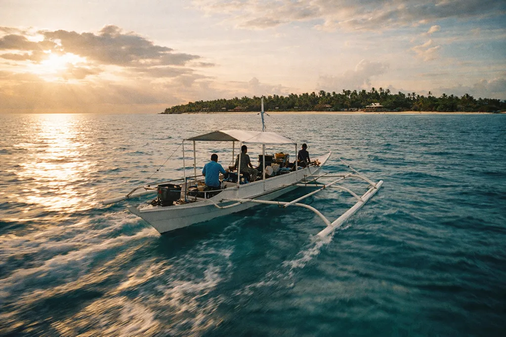 Traditional bangka boat traveling to Malapascua Island Philippines across turquoise Visayan Sea