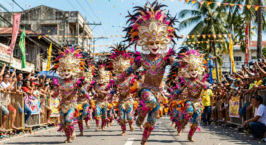 MassKara Festival street dancers smiling gold masks Bacolod City Negros Occidental Philippines