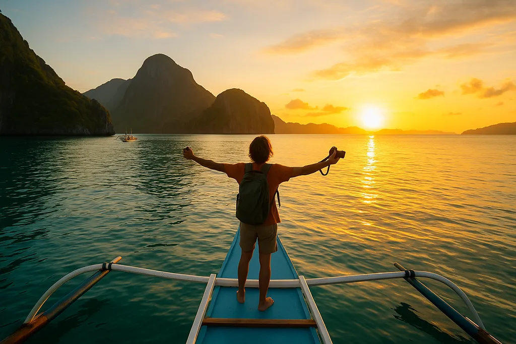 Traveler on a boat watching sunrise over limestone cliffs in El Nido, Palawan, Philippines.