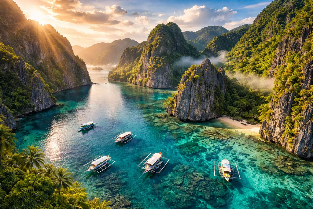 Aerial view of El Nido, Palawan, Philippines, with limestone cliffs and turquoise lagoon