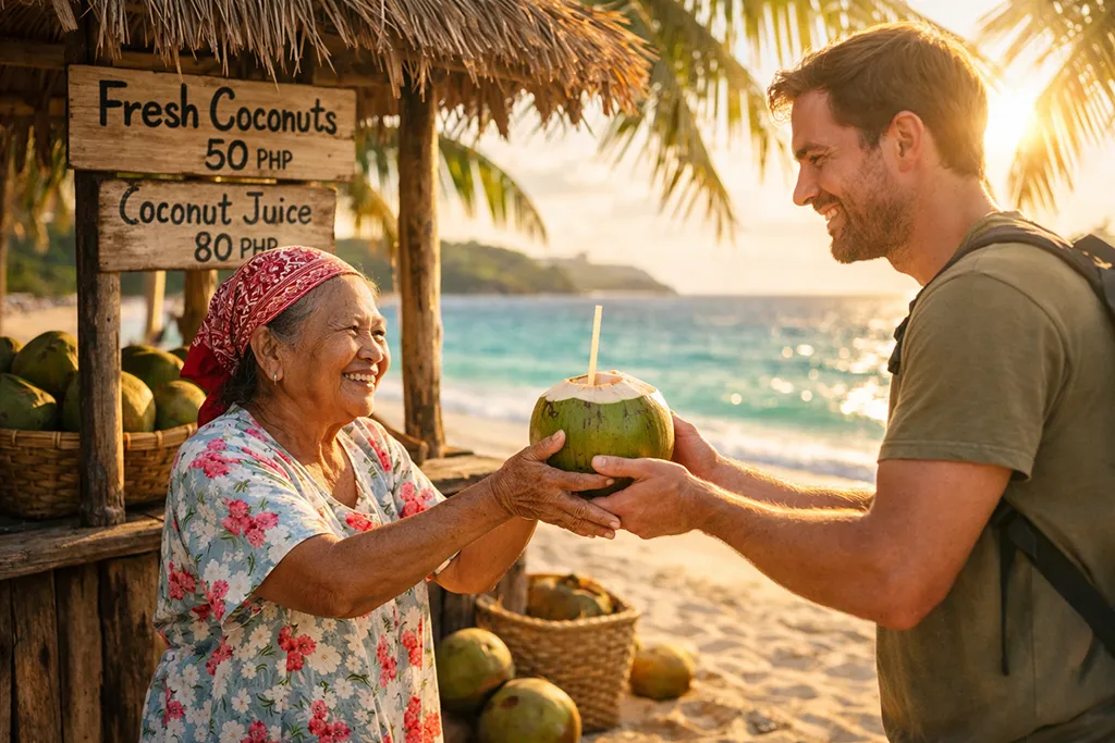 Tourist practicing Philippines travel etiquette by respectfully purchasing coconut water from Filipino grandmother vendor at beach stand