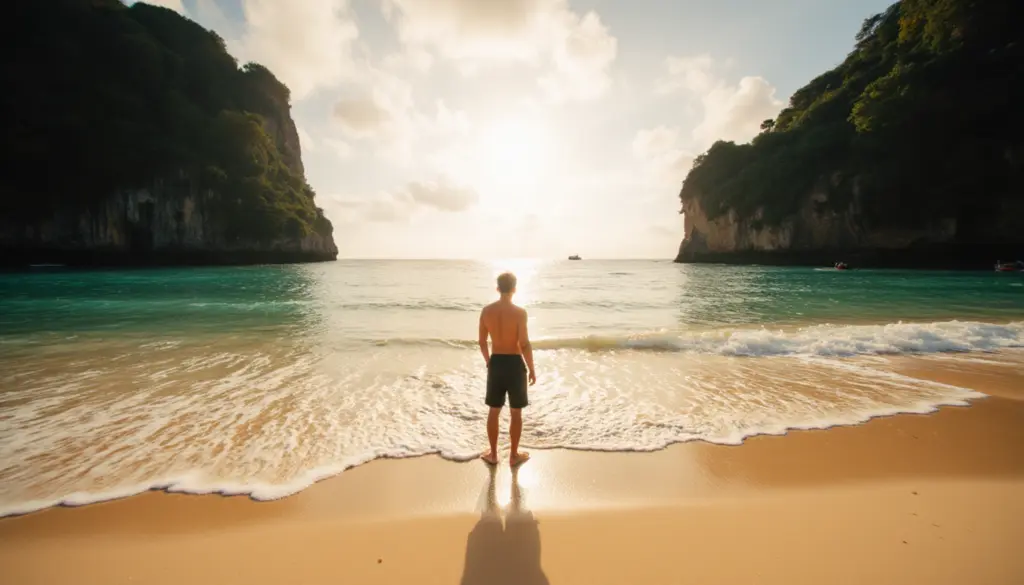 Solitary traveler discovering secret beach Philippines at sunset