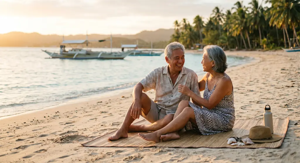 Senior couple sitting on a Philippine island beach watching the sunset over calm water