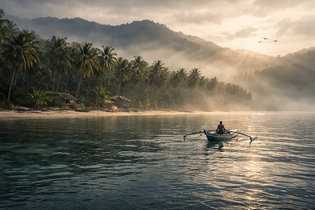 Misty morning arrival at Siquijor Island from sea with banca and forested hills