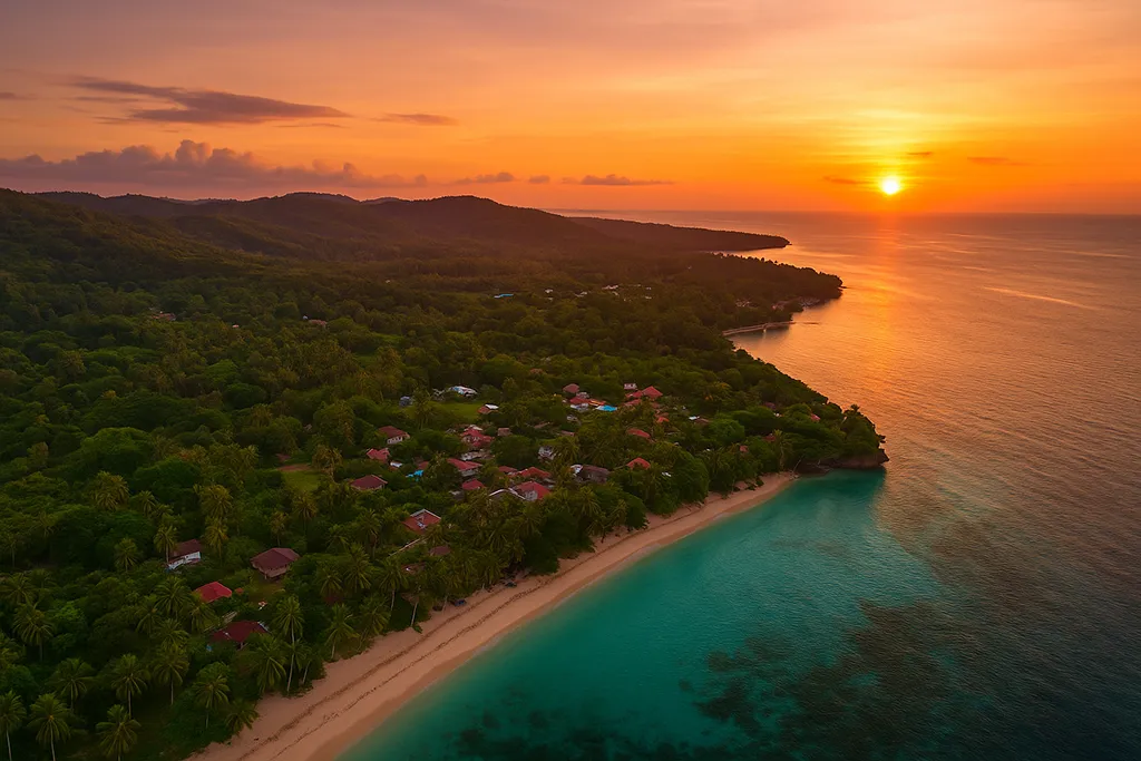 Aerial photo of Siquijor Island at sunset with turquoise waters and lush forest