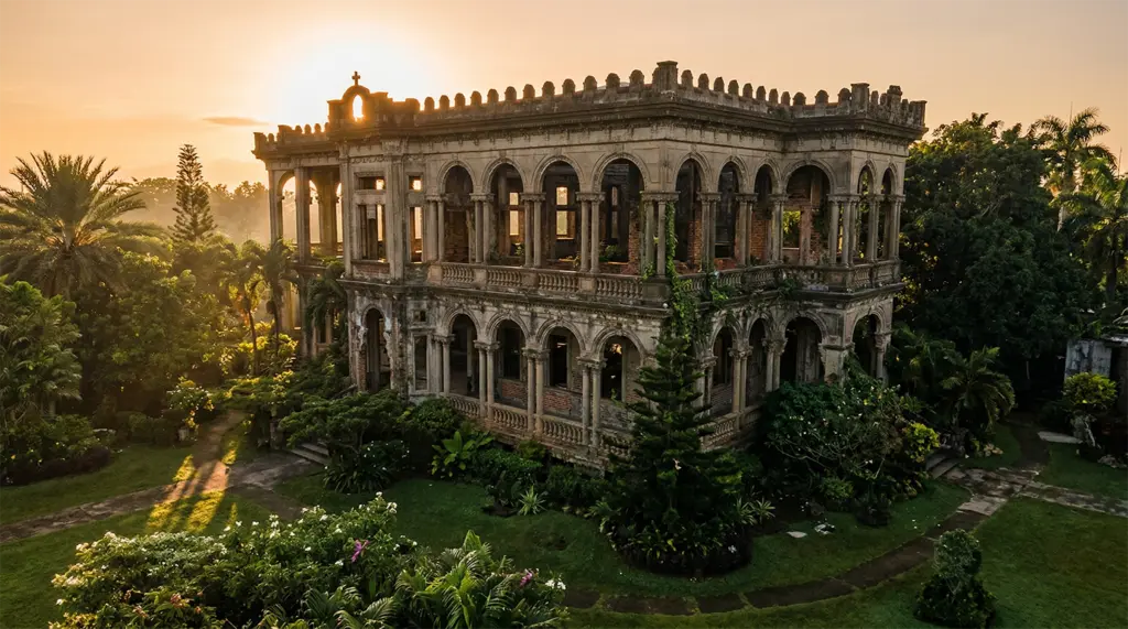 The Ruins historic sugar mansion glowing at sunset Talisay Negros Occidental Philippines