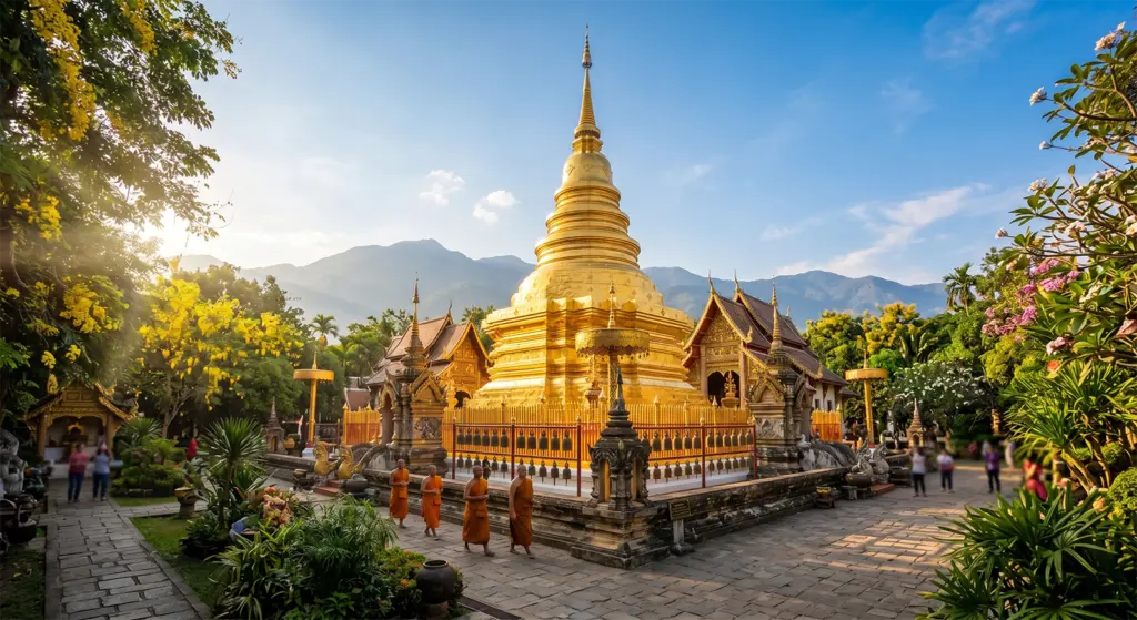Wat Phra That Doi Suthep golden chedi temple on mountain above Chiang Mai Thailand