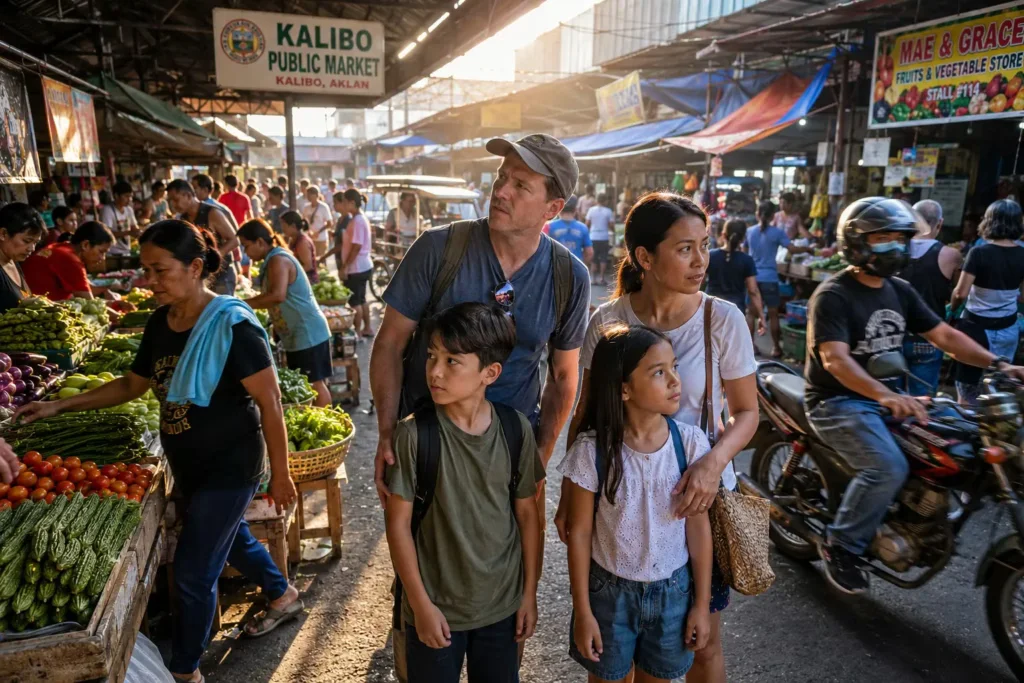 Foreign family experiencing authentic Kalibo public market during Philippines family travel adventure