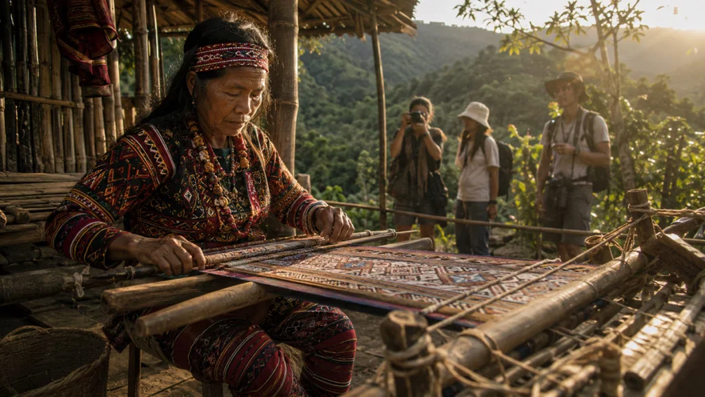 A Mangyan weaver creating a traditional textile on a backstrap loom while tourists photograph in Mindoro, Philippines