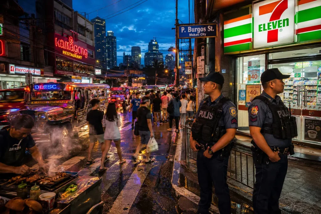 Manila street scene with crowds jeepneys and visible police presence ensuring Philippines safety for tourists