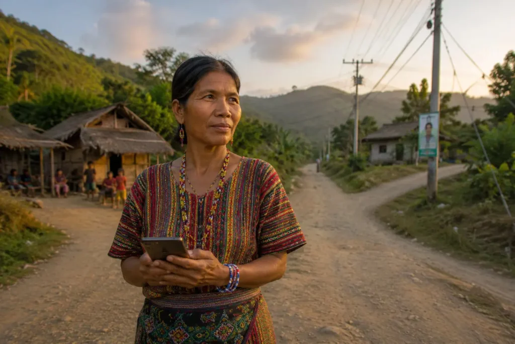 Mangyan woman in Mindoro balancing traditional culture with modern technology representing indigenous agency