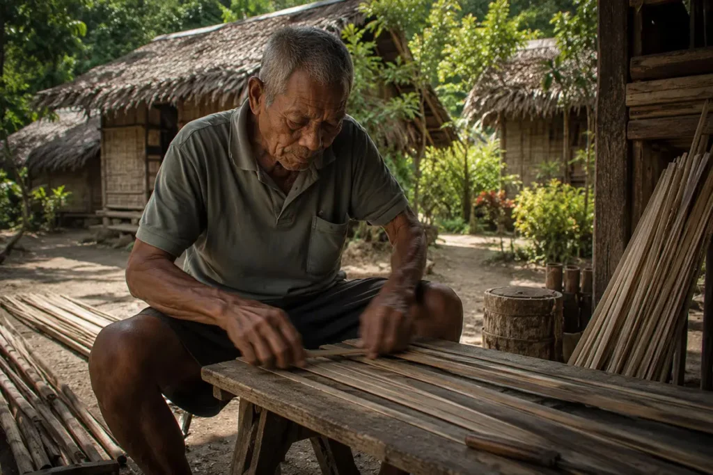 Mindoro elder crafting traditional bamboo fish trap demonstrating indigenous innovation and culture