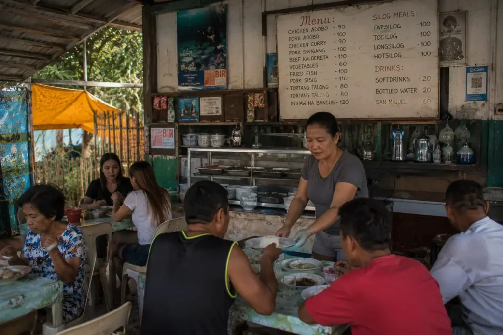 Local carinderia owner serving traditional Filipino food in Puerto Galera, Mindoro Island