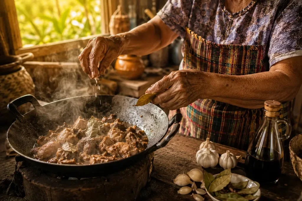 Filipino grandmother cooking traditional Mindoro adobo without measuring ingredients in the home kitchen