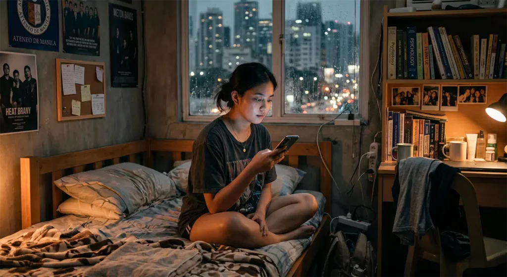Young Mindoro student viewing food content on smartphone in Manila dorm room at night