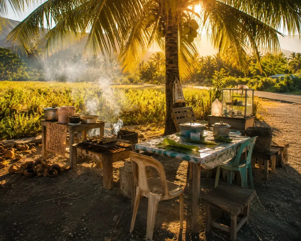 Roadside food vendor setup in rural Samar Philippines with plastic table and cooking fire