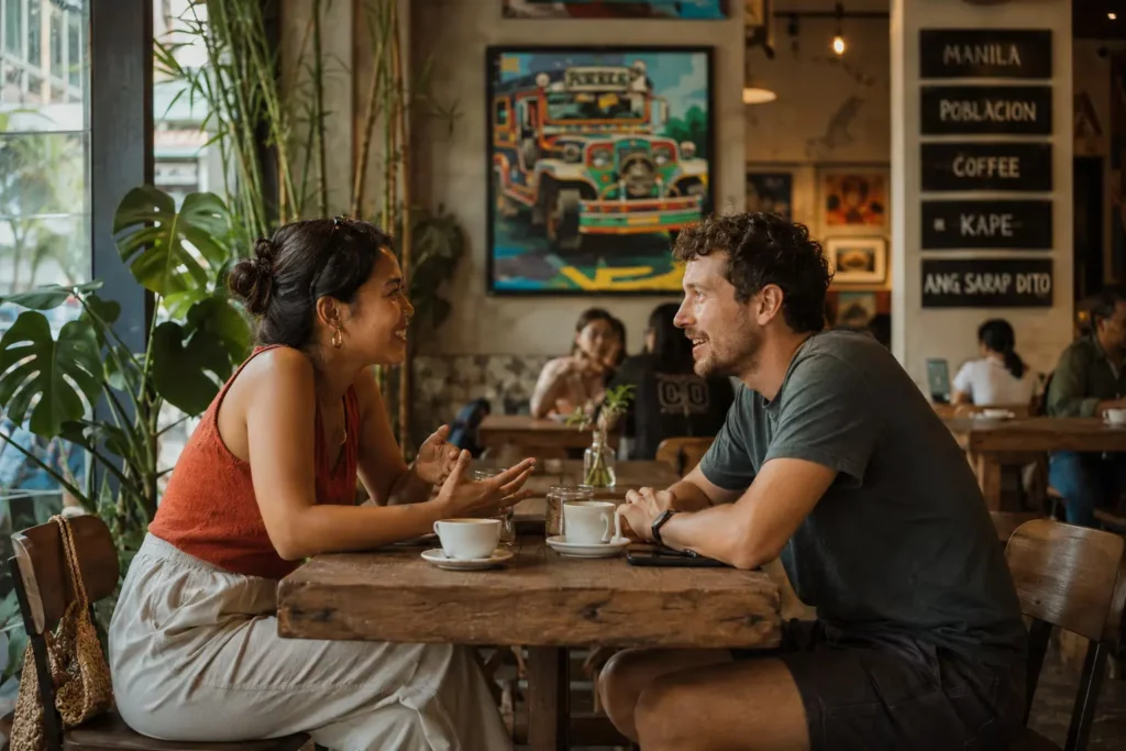 Two solo travelers having a deep conversation over coffee at a Manila café in Poblacion