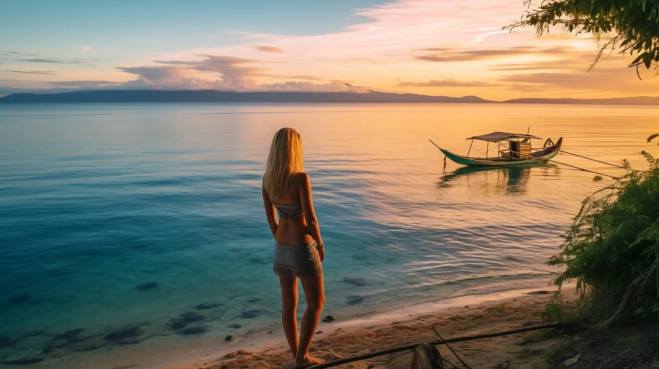 A tourist standing near the shore watching the sunset